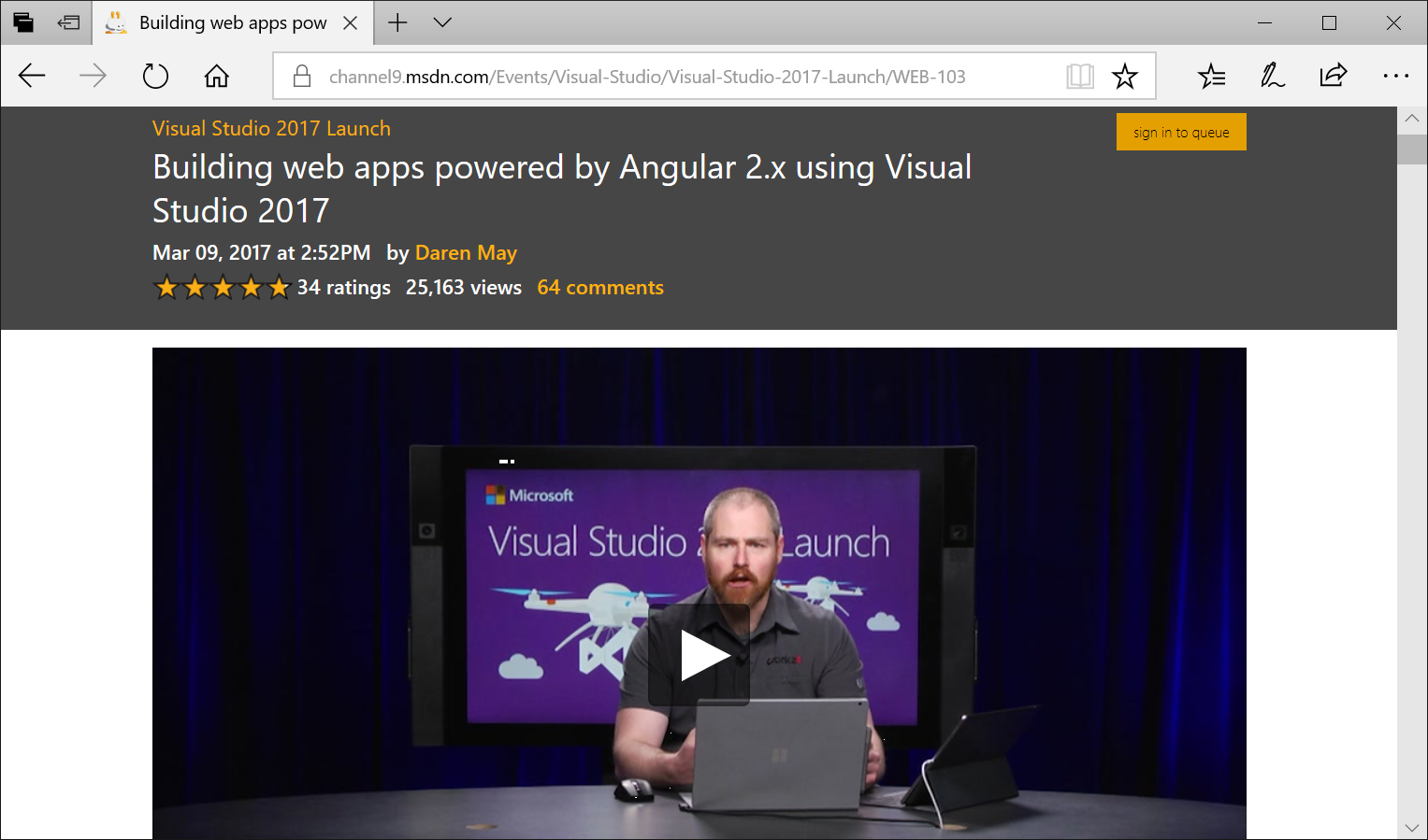 Web page with a video showing Daren May teaching how to use Angular and DOT NET Core together