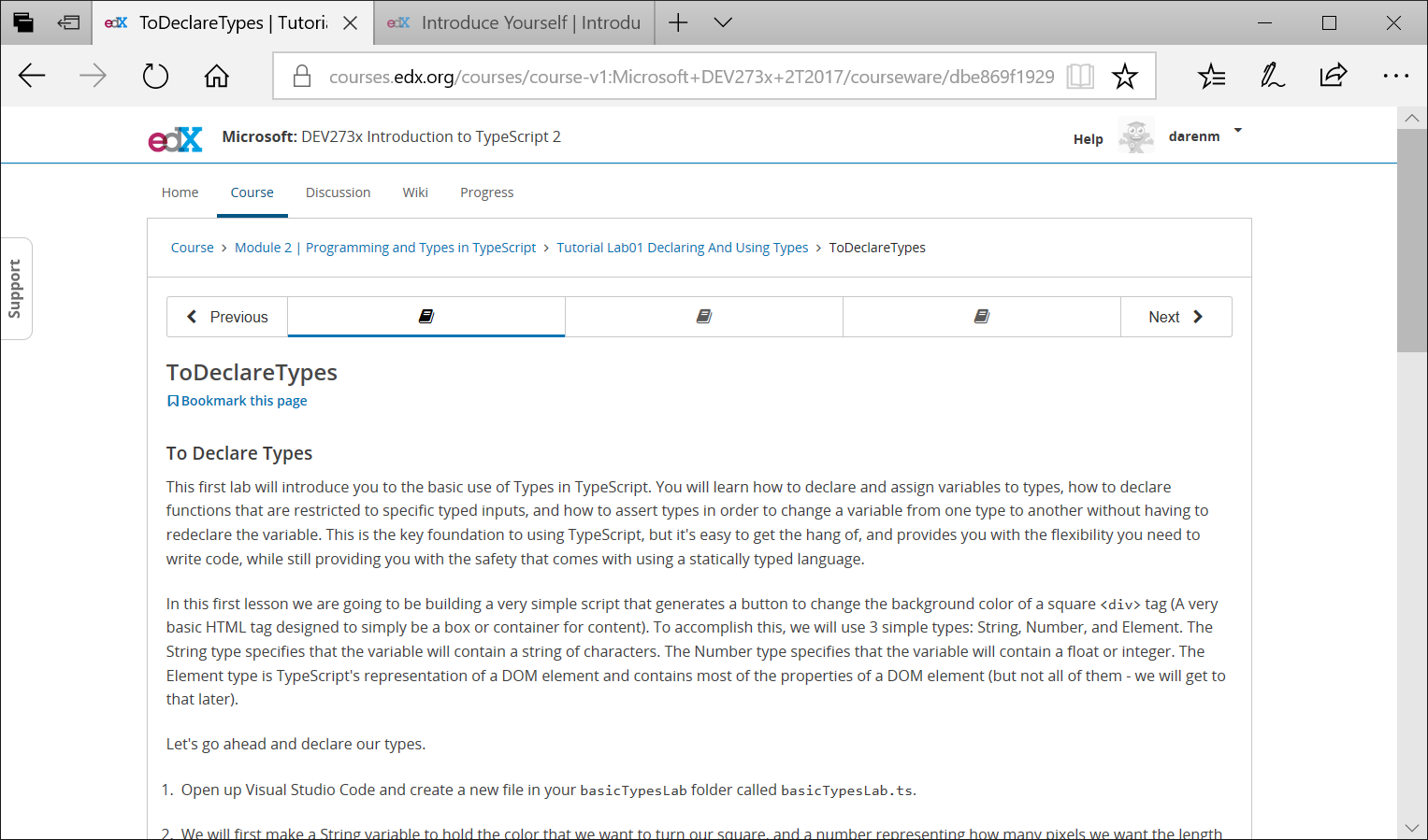 Web page showing some content from the EDX typescript course